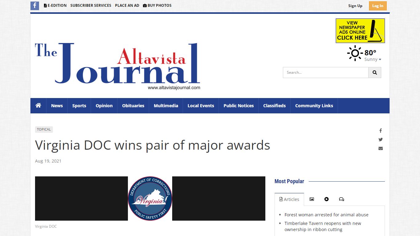 Virginia DOC wins pair of major awards | News | altavistajournal.com